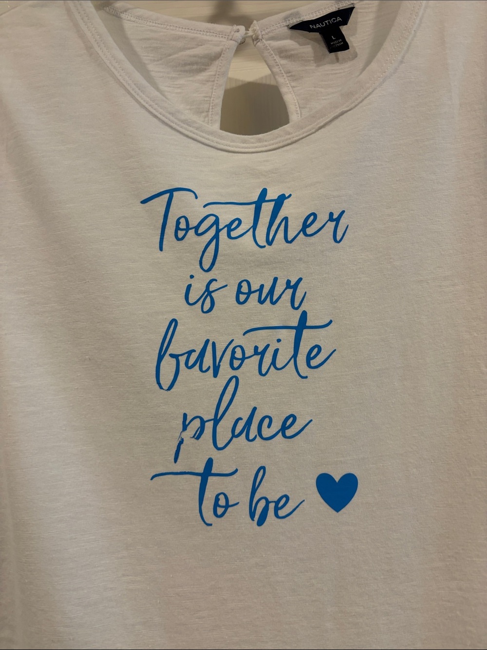 Nautica White Short-Sleeve Tee with Blue Script Heart like new